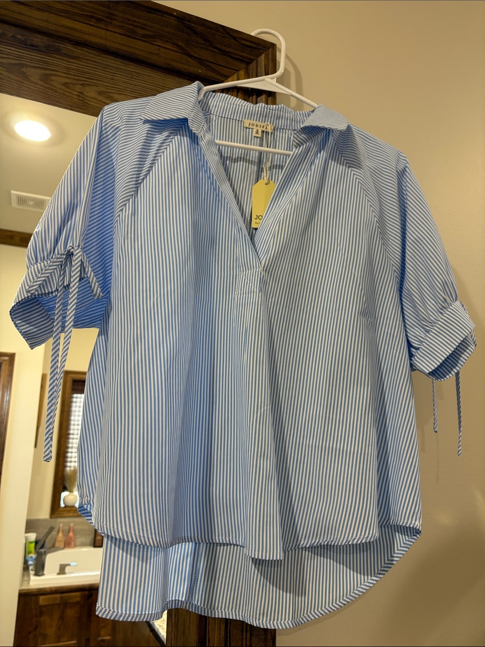 JODIFL Blue and White Striped Casual Button-Down Shirt